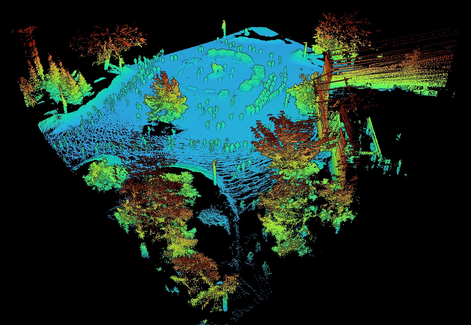 Point cloud map of Husky Plaza at Michigan Tech, colored by elevation